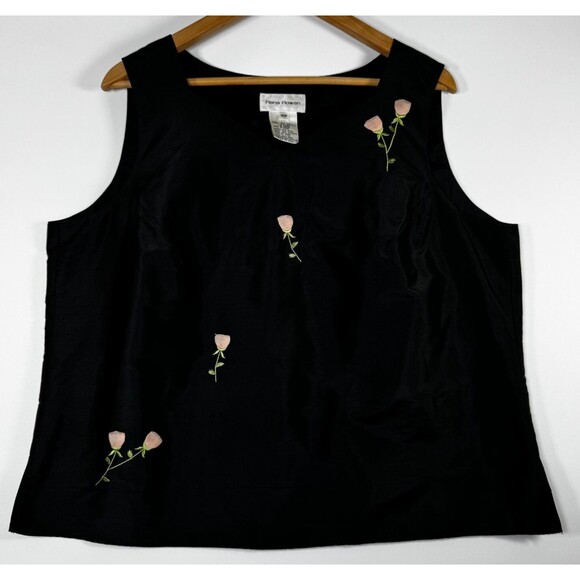 Rena Rowan Silk Blouse Women's 16W Black Pink Floral Embroidered Sleeveless Top - Picture 1 of 11